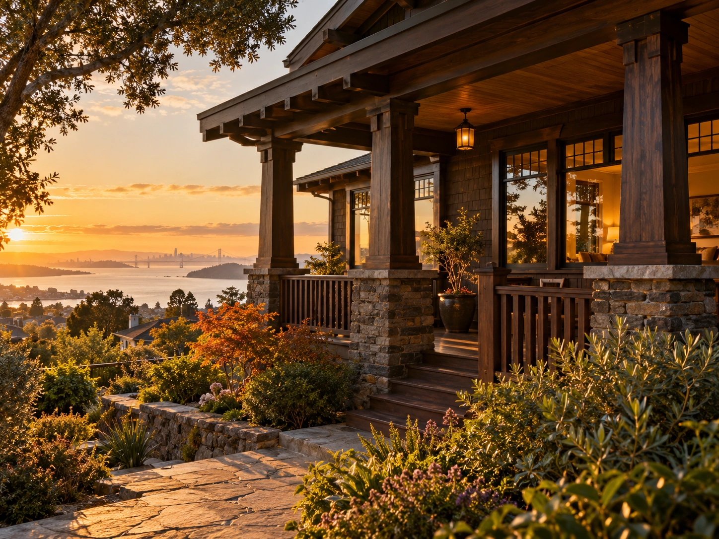 Timber porch of a California hillside home in warm evening light