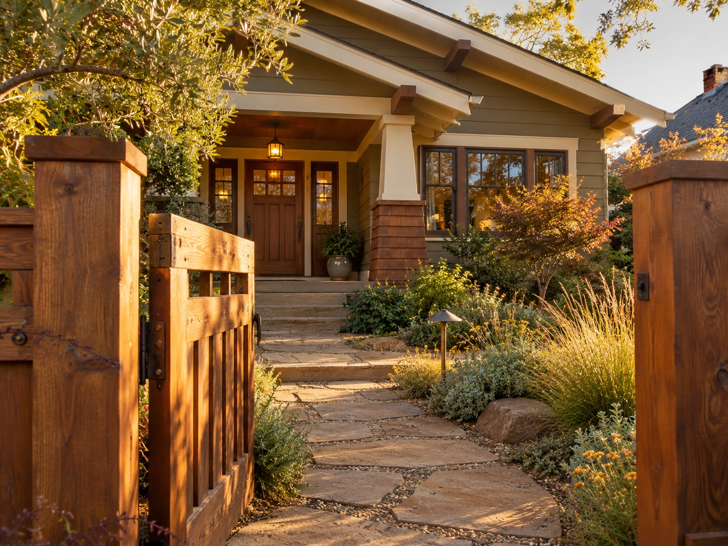 Wood entrance gate and a planted garden path