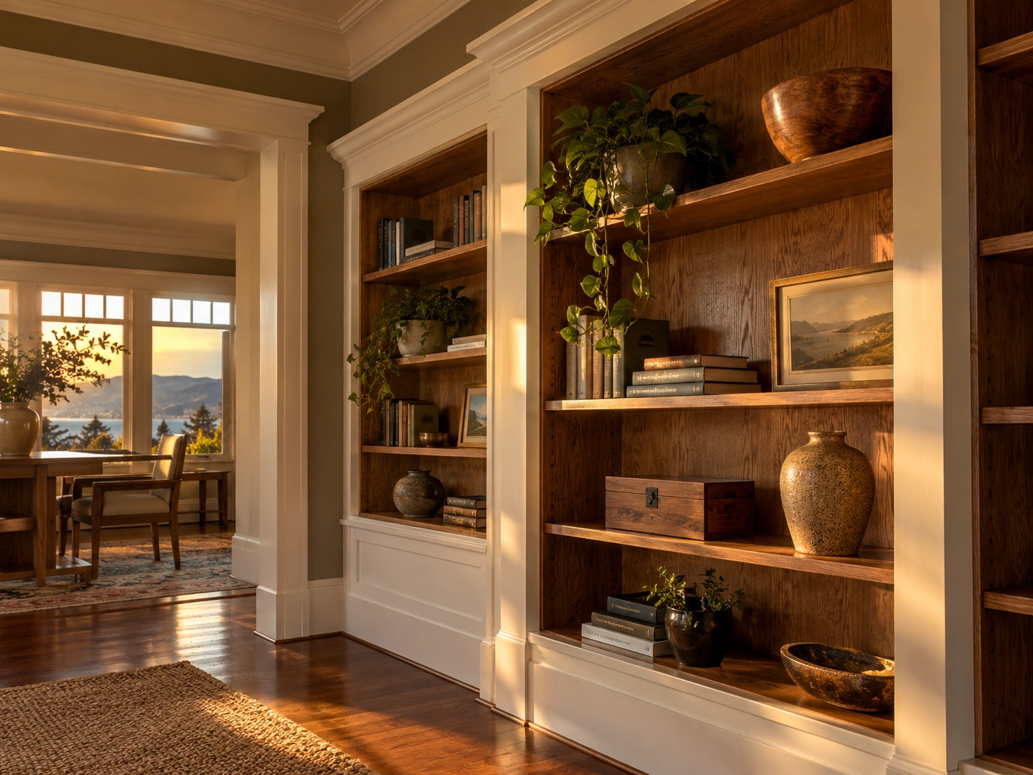 Oak built-in shelving with crisp white molding and wall trim