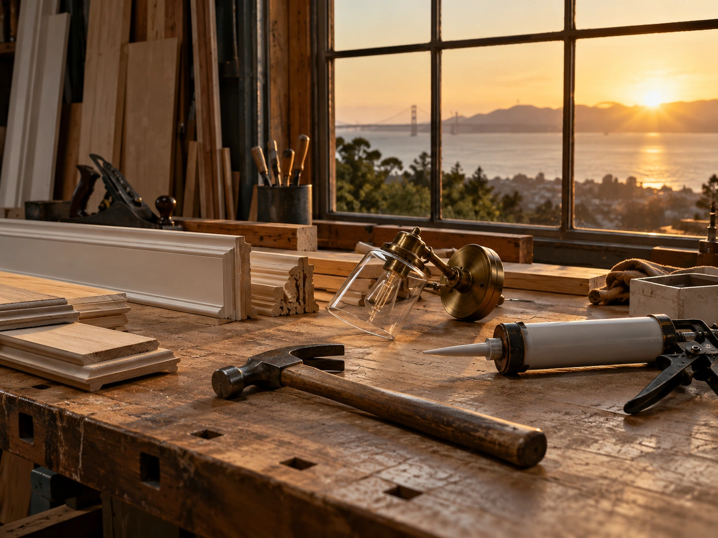 Carpentry workbench with a hammer, caulking gun and light fixture