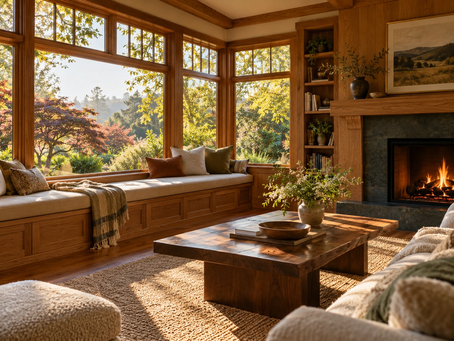 Sunlit living room with a wooden window seat overlooking a garden